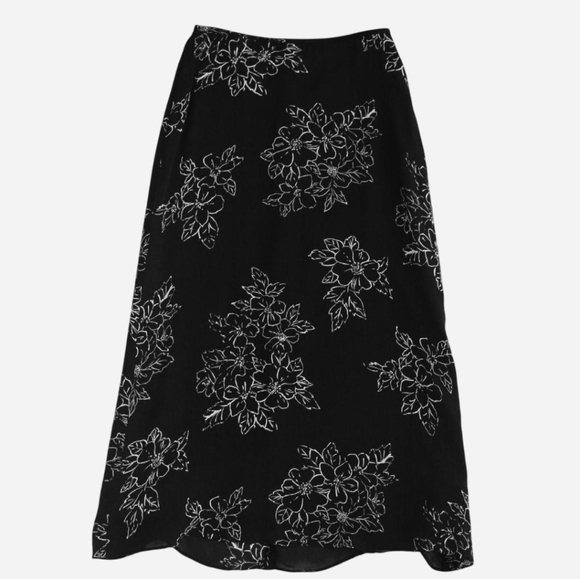 Vintage Dresses & Skirts - Vintage 90s Silk Floral Slip Skirt Midi Black White Sz 4 Whimsigoth Fairy Grunge